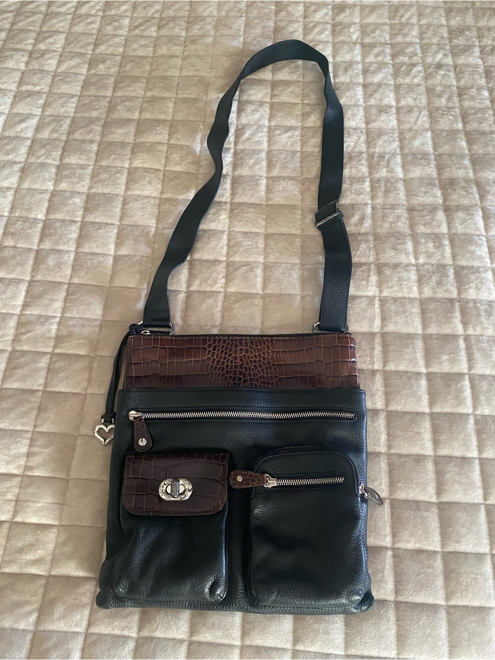 Brighton Black and Brown Croc-Accent Crossbody Bag
